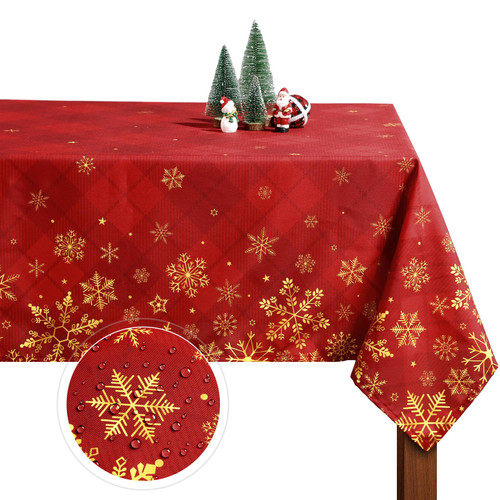 WovWeave Christmas Tablecloth Xmas Red Buffalo Plaid Table Cloth Golden Snowflake Washable Table Cover 60 x 84 Inch for Rectangle Table Farmhouse Winter Xmas Dinner Parties Holiday Decorations