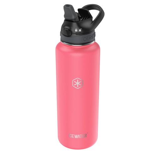ICEWATER-40 oz, Insulated Water Bottle With Auto Straw Lid and Carry Handle, Leakproof Lockable Lid with Soft Silicone Spout, One-hand Operation, Vacuum Stainless Steel, BPA-Free (40 oz, Pink),