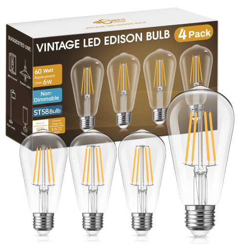 DORESshop Vintage LED Edison Bulbs,Non-Dimmable, 6W Warm Light Bulbs 60 Watt Equivalent,2700K Warm White, ST58 Antique LED Filament Bulbs,E26 Medium Base,Clear Glass,4 Pack