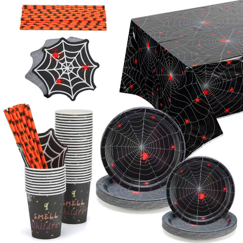 122 Pcs Halloween Party Supplies Spider Web Tableware Set - Serve 24 - Include Dessert Plates,Cups, Napkins, Tablecloth, Straws, Black Disposable Halloween Dinnerware for Halloween Party