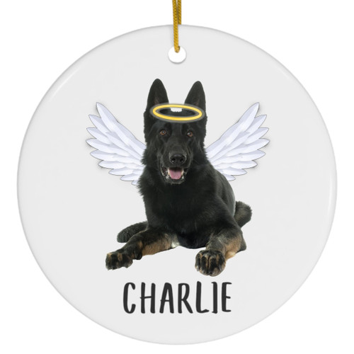 Black German Shepherd Angel Wings Memorial Personalized Christmas Ornaments 2023 Circle White Ceramic Puppy Owner Gifts