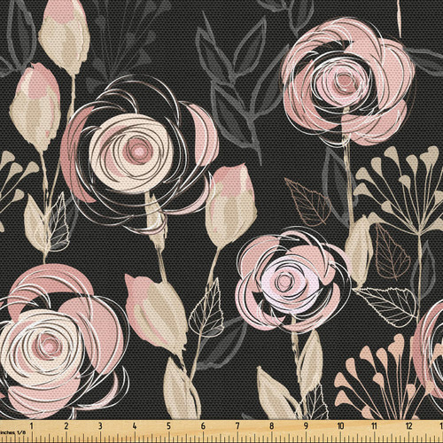 Ambesonne Floral Fabric by The Yard, Hand Drawn Victorian Flower Drawings Blooming Leaves, Decorative Fabric for Upholstery and Home Accents, 1 Yard, Dark Grey Blush