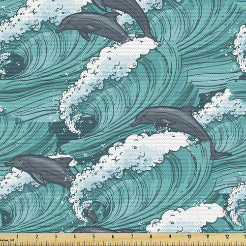 Ambesonne Sea Animals Fabric by The Yard, Wavy Ocean with Dolphins Windy Surfing Doodle Style Art Print, Decorative Fabric for Upholstery and Home Accents, 1 Yard, Grey Charcoal