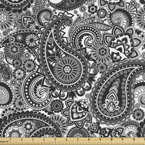 Ambesonne Paisley Fabric by The Yard, Oriental Themed Pattern with Traditional Elements Lace Like Design, Decorative Fabric for Upholstery and Home Accents, 1 Yard, White and Charcoal Grey