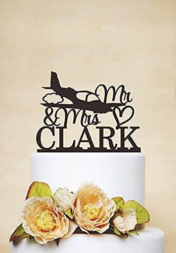 Airplane Cake Topper,Mr and Mrs Wedding Cake Topper,Personalized With Last Name, Custom Cake Topper, Pilot Cake Topper,Acrylic Topper