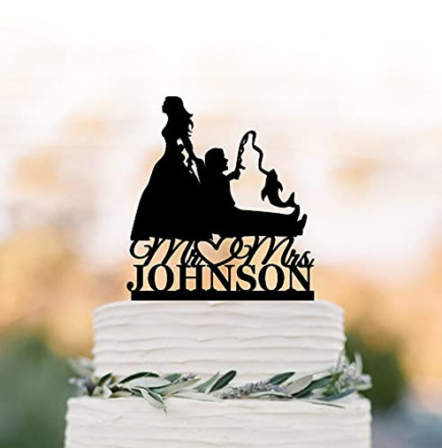 Bride Pulling Groom, Bride Dragging Groom Wedding Cake Topper, Funny Cake Topper, Custom Fishing Cake Topper, Mr And Mrs Cake Topper