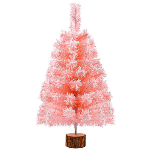 2Ft Artificial Christmas Tree Pink Tabletop Christmas Tree with Snow Flocked Mini Xmas Pine Tree with Wooden Stand for Indoor Outdoor Holiday Home Decoration