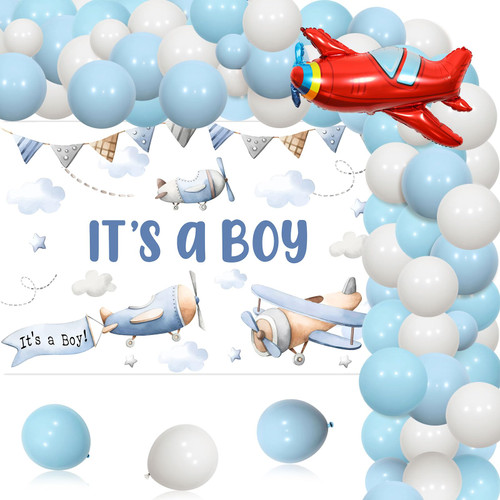 Wonmelody Airplane Baby Shower Decorations for Boys Vintage Airplane Baby Shower Backdrop It's A Boy Banner Retro Airplane Balloon Garland Kit Transport Vehicle Theme Decor for Boys Baby Shower