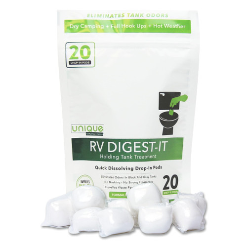 Unique RV Digest-It Black Water Tank Treatment - Drop In Pod RV Toilet Treatment - Eliminates Odor, Liquifies Waste, Prevents Sensor Misreading (20 Pods)