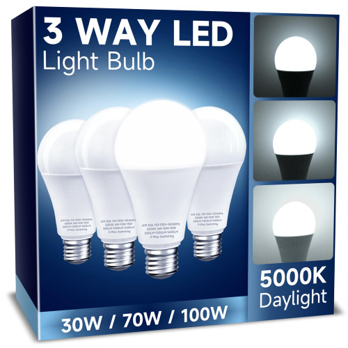 UNILAMP 3 Way LED Light Bulbs Daylight White 5000K, 3 Way Light Bulbs 30 70 100W Equivalent, Three Way A19 Light Bulbs E26 Medium Base, 3-Way Light Bulbs for Desk Lamps, Floor Lamps, 4 Pack