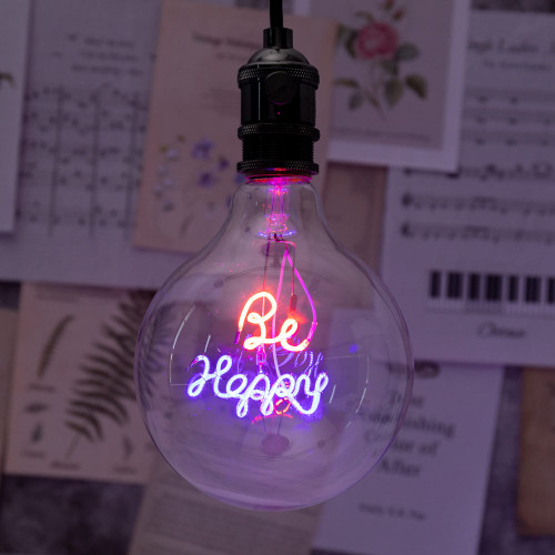 Be-happy Edison Bulbs, Globe Light Bulbs Dimmable 4W, G125 happy Light Letter Bulbs 40W Equivalent, Vintage LED Bulbs 2200K Warm White, E26 Base Decorative Filament Bulbs (Clear Glass, Be-happy)