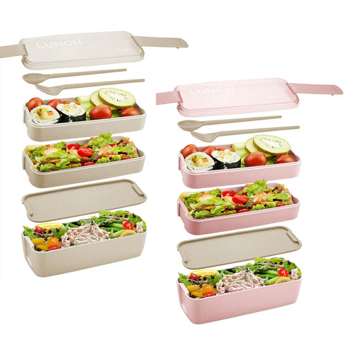 Bento Box for Adults, 3-In-1 Meal Prep Container, 900ML Janpanese Lunch Box with Compartment, Wheat Straw, Leak-proof, Spoon & Fork, BPA-free 2 Pack