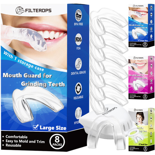 Filterops Mouth Guard for Clenching Teeth at Night- 8 PCS Large Size -Moldable Night Guards for Grinding Teeth, Bruxism, Sport Athletic, Whitening Tray for Adults&Men
