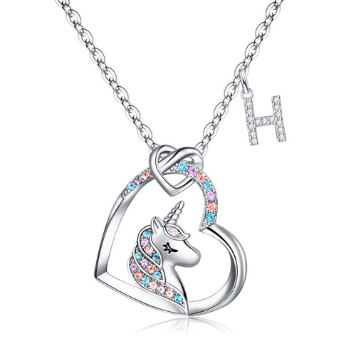 STORUP Unicorns Gifts for Girls Unicorn Necklace, 14K White Plated Heart Pendant Unicorn Necklace Girls Jewelry for Girls Initial H Necklace Unicorn Gifts for Girls Unicorn Jewelry Gifts