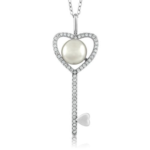 Gem Stone King 925 Sterling Silver 7MM Cultured Freshwater Pearl Heart Key Pendant Necklace For Women Gem Stone King 925 Sterling Silver 7MM Cultured Freshwater Pearl Heart Key Pendant Necklace For Women