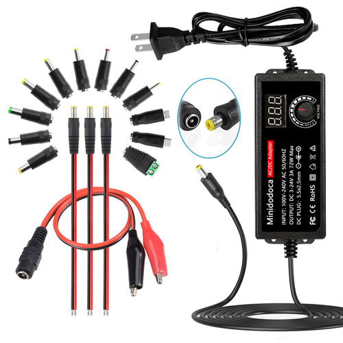 72W Power Supply Adjustable DC 3V ~ 24V Variable Universal Switching AC/DC Adapter Minidodoca AC to DC Converter with LED Voltage Display and 16 Tips, for 3V to 24V Household Electronics - 3000mA Max