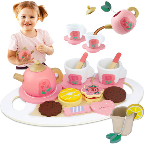Wooden Tea Party Set for Litter Girls, Kids Wooden Kitchen Sets Accessories for Toddler Tea Party with Play Food. Pretend Play Tea Set Wooden Toys for 3 4 5 6 Year Old Girls Birthday Gifts.