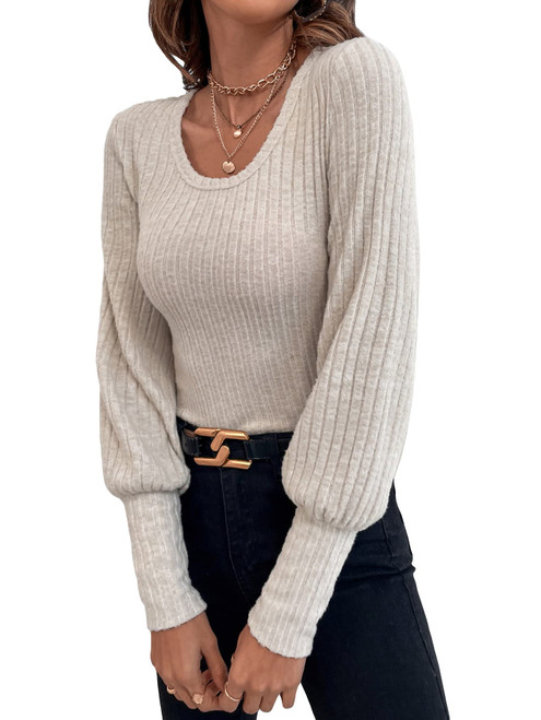 COZYEASE Women's Bishop Long Sleeve Scoop Neck Tee Top Solid Ribbed Knit Casual T Shirt Apricot L