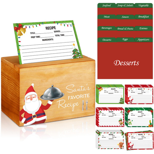 Suzile a Set of Christmas Wooden Recipe Box with Cards and Dividers Xmas Recipe Cards and Box Set 7 x 5 x 5 Recipe Organizer Card Holders with 15 Pcs 4 x 6 Recipe Card Dividers for Kitchen