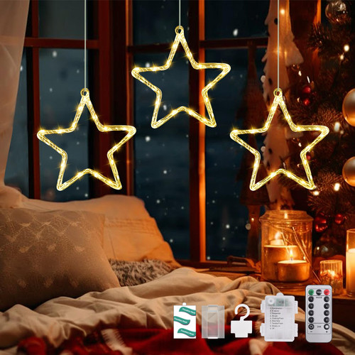 Dailyart Window Lights Christmas Decor 3 Star String Lights with Remote 60 LED Christmas Window Hanging Lights Battery Operated Star Christmas Lights for Window Bedroom, Party, Warm White