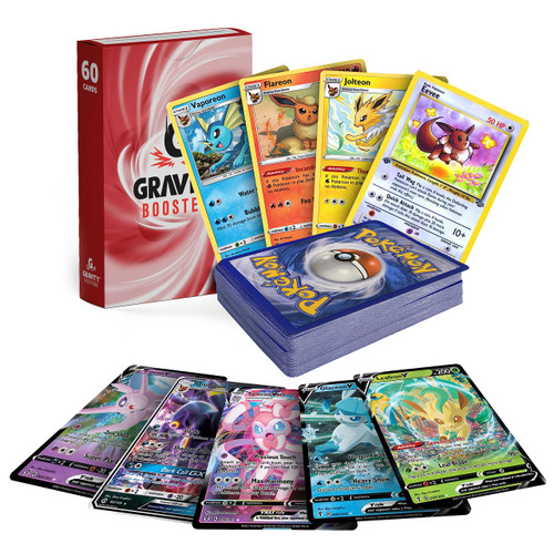 GRAVITY BOOSTERS Limited Edition Eevee Bundle | 60x Cards + 1x Eevee & 3X Eeveelutions for use with Pokemon Cards | Vaporeon, Jolteon, Flareon, Espeon, Umbreon, Leafeon, Glaceon or Sylveon w Deck Box