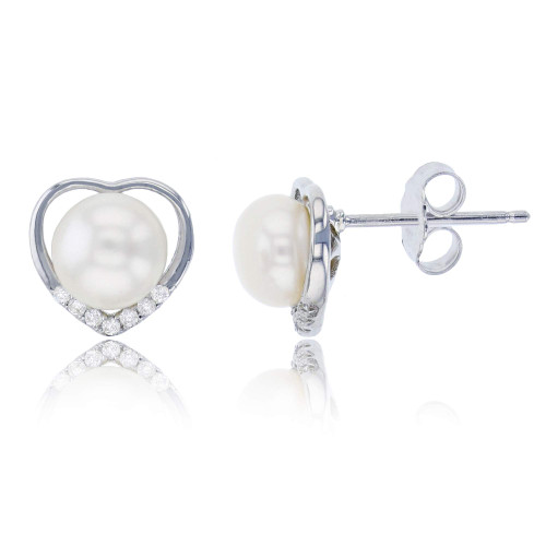Sterling Silver Rhodium 7mm Freshwater Pearl & Cubic Zirconia Open Heart Stud Earring Sterling Silver Rhodium 7mm Freshwater Pearl & Cubic Zirconia Open Heart Stud Earring