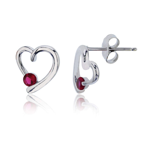 Sterling Silver Rhodium 3mm Ruby Round Cut Polished Open Heart Stud Earring