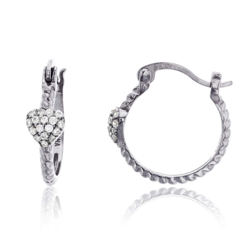 Sterling Silver Rhodium Paved Heart Rope Hoop Earring