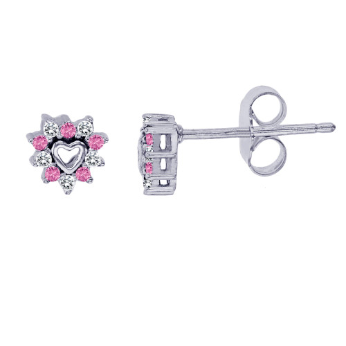 Sterling Silver Rhodium Pink & White Cubic Zirconia 6mm Heart Stud Earring Sterling Silver Rhodium Pink & White Cubic Zirconia 6mm Heart Stud Earring