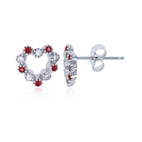 Sterling Silver Rhodium Alternating Ruby & White Cubic Zirconia Milgrain Bezel Open Heart Stud Earring Sterling Silver Rhodium Alternating Ruby & White Cubic Zirconia Milgrain Bezel Open Heart Stud Earring