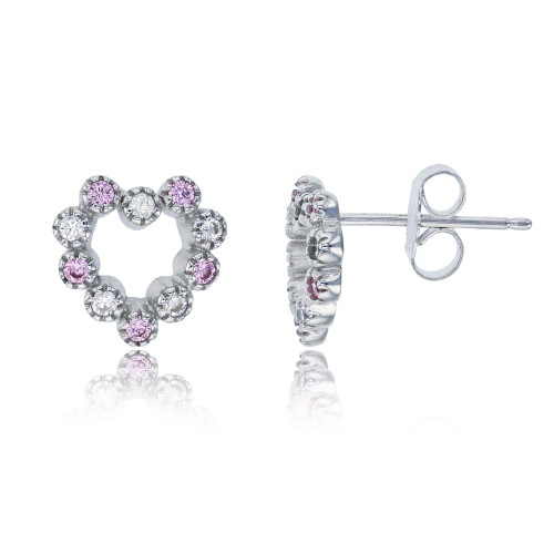 Sterling Silver Rhodium Alternating Pink & White Cubic Zirconia Milgrain Bezel Open Heart Stud Earring Sterling Silver Rhodium Alternating Pink & White Cubic Zirconia Milgrain Bezel Open Heart Stud Earring
