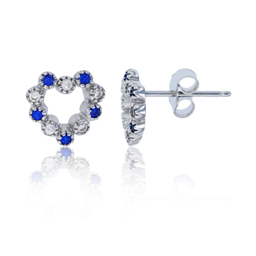 Sterling Silver Rhodium Alternating Sapphire & White Cubic Zirconia Milgrain Bezel Open Heart Stud Earring Sterling Silver Rhodium Alternating Sapphire & White Cubic Zirconia Milgrain Bezel Open Heart Stud Earring