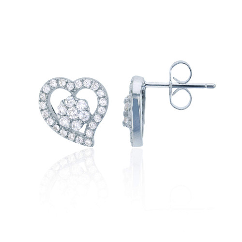 Sterling Silver Rhodium Micropave Open Heart with Cluster Inside Cubic Zirconia Stud Earring Sterling Silver Rhodium Micropave Open Heart with Cluster Inside Cubic Zirconia Stud Earring