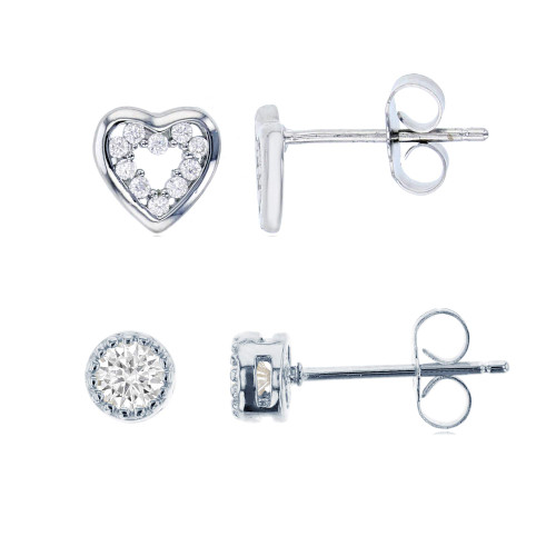 Sterling Silver Rhodium Round Milgrain Solitaire & Open Heart Stud Earring Set