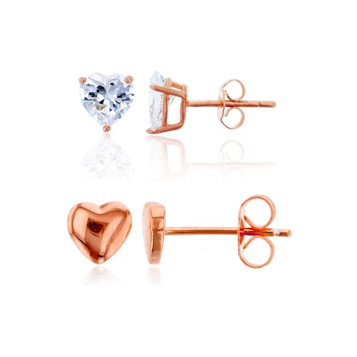 Sterling Silver Rose High Polish Heart & 5x5mm AAA Heart Solitaire Stud Set