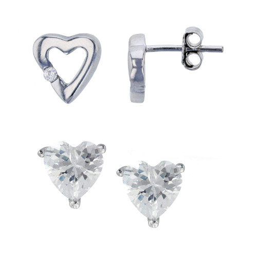 Sterling Silver Rhodium 8x9mm Open Heart with Cubic Zirconia & 4mm Heart Solitaire Stud Earring Set Sterling Silver Rhodium 8x9mm Open Heart with Cubic Zirconia & 4mm Heart Solitaire Stud Earring Set