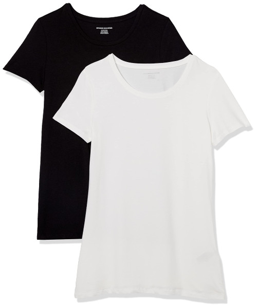 Amazon Essentials Women's Classic-Fit Short-Sleeve Crewneck T-Shirt, Pack of 2, Black/White, Medium