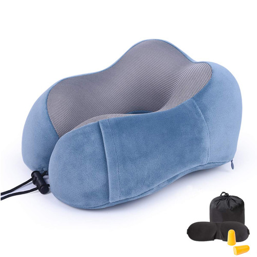 ENOTHEN Travel Pillow 100% Pure Memory Foam Neck Pillow with Machine Washable Cover, Airplane Travel Kit with 3D Contoured Eye Masks, Earplugs & Reusable Bag (Blue)