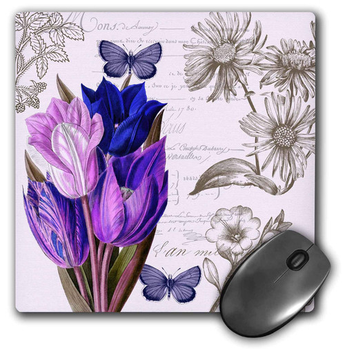 3dRose LLC 8 x 8 x 0.25 Inches Mouse Pad, Natural Purple Tulips Vintage Art Flowers (mp_110165_1)