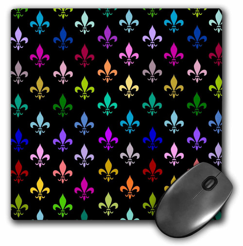 3dRose LLC 8 x 8 x 0.25 Inches Mouse Pad, Rainbow Fleur De Lis Pattern Colorful Funky Design Multicolored On Black Groovy Multicolor (mp_120192_1)