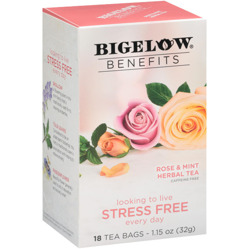 Bigelow Benefits Stress Free Rose & Mint Herbal Tea, Caffeine Free, 18 Count (Pack of 6), 108 Total Tea Bags Bigelow Benefits Stress Free Rose & Mint Herbal Tea, Caffeine Free, 18 Count (Pack of 6), 108 Total Tea Bags