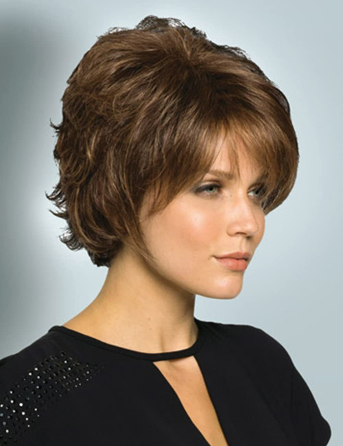 TISHINING Short Curly Brown Pixie Cut Wigs for White Women with Bangs Pixie Laered Mixed Brown Synthetic Shaggy Curly Wigs for Women Natural Looking Daily Party Hair Replacement Wig