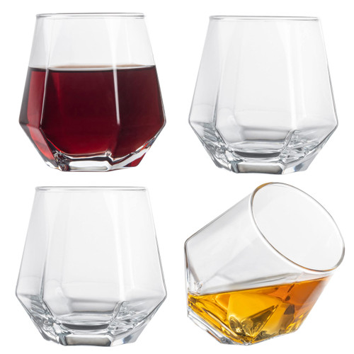 Diamond Whiskey Glasses - Stemless Wine Glass Set of 4- Geometric Tilting Design- Rolling Whiskey Glasses -Stem Less Anti Rocking Cup Diamonds Shaped Tilted Glassware Drinking Tumblers for Wiskey/Wine Diamond Whiskey Glasses - Stemless Wine Glass Set of 4- Geometric Tilting Design- Rolling Whiskey Glasses -Stem Less Anti Rocking Cup Diamonds Shaped Tilted Glassware Drinking Tumblers for Wiskey/Wine