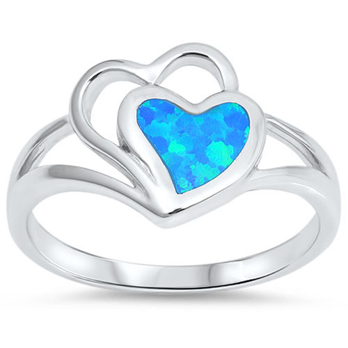 Blue Simulated Opal Cutout Heart Promise Ring New .925 Sterling Silver Band Size 7