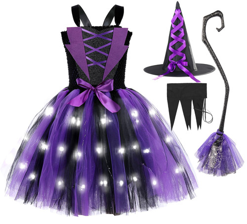 Tutu Dreams LED Witch Costume for Girls Halloween Costumes Light Up Tutu Dress with Witch Hat Birthday Holiday Party