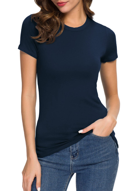 Women's Crewneck Slim Fitted Short Sleeve T-Shirt Stretchy Bodycon Basic Tee Tops (2XL, Navy Blue)