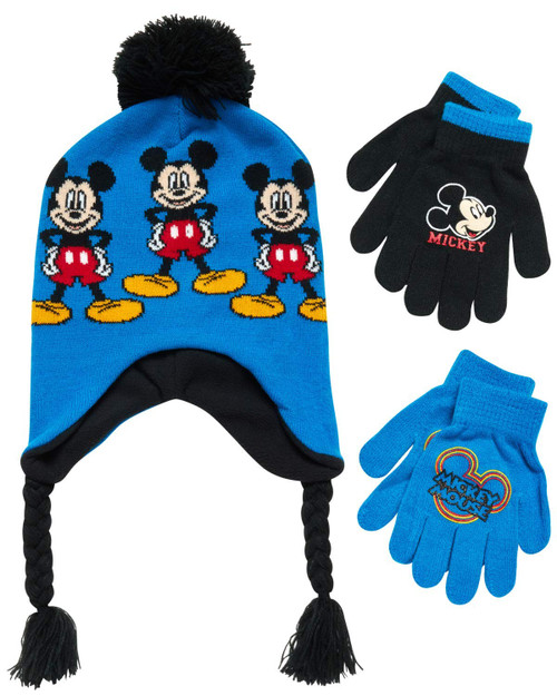 Disney Boys Mickey Mouse Winter Hat and 2 Pair Mitten or Gloves Set (Age 2-7), Size Age 4-7, Mickey Mouse Glove Blue