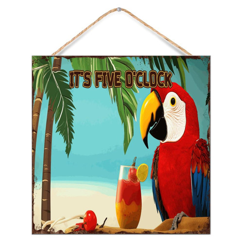 It's Five O'clock Somewhere Wooden Signs Wall Art Decorative Rustic Happy Hour Pool Beach Signs Painted Wood Sign Plaque for Bedroom Offices Outdoor 12x12in