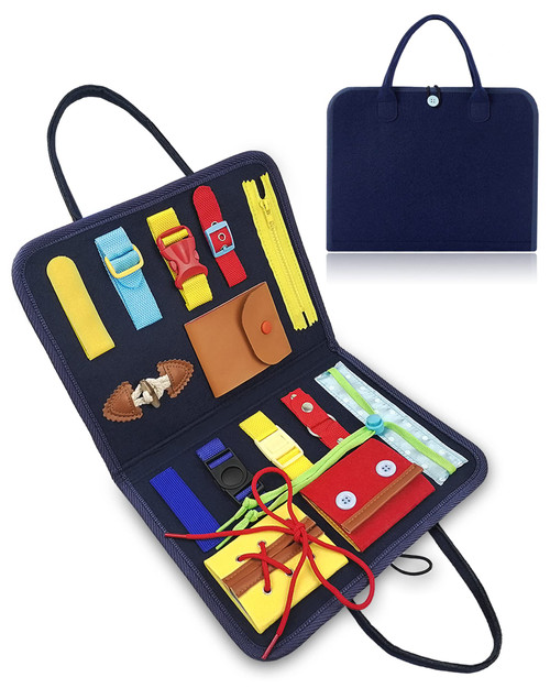 Exorany Busy Board Montessori Toys for Toddlers Sensory Toys Gifts for 1 2 3 4 Year Old Boys & Girls Preschool Toddler Activities Educational Travel Toy Learning Basic Dress Skills (Blue)