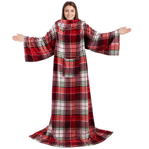 PAVILIA Fleece Wearable Blanket with Sleeves for Adults Women Men, Red Green Plaid Soft Warm Full Body Wrap Throw, Front Pocket, Cozy Robe Blanket with Arm, Christmas Gifts for Mom Wife
